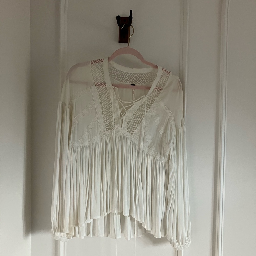 Free People Cream Lace-Up Blouse
